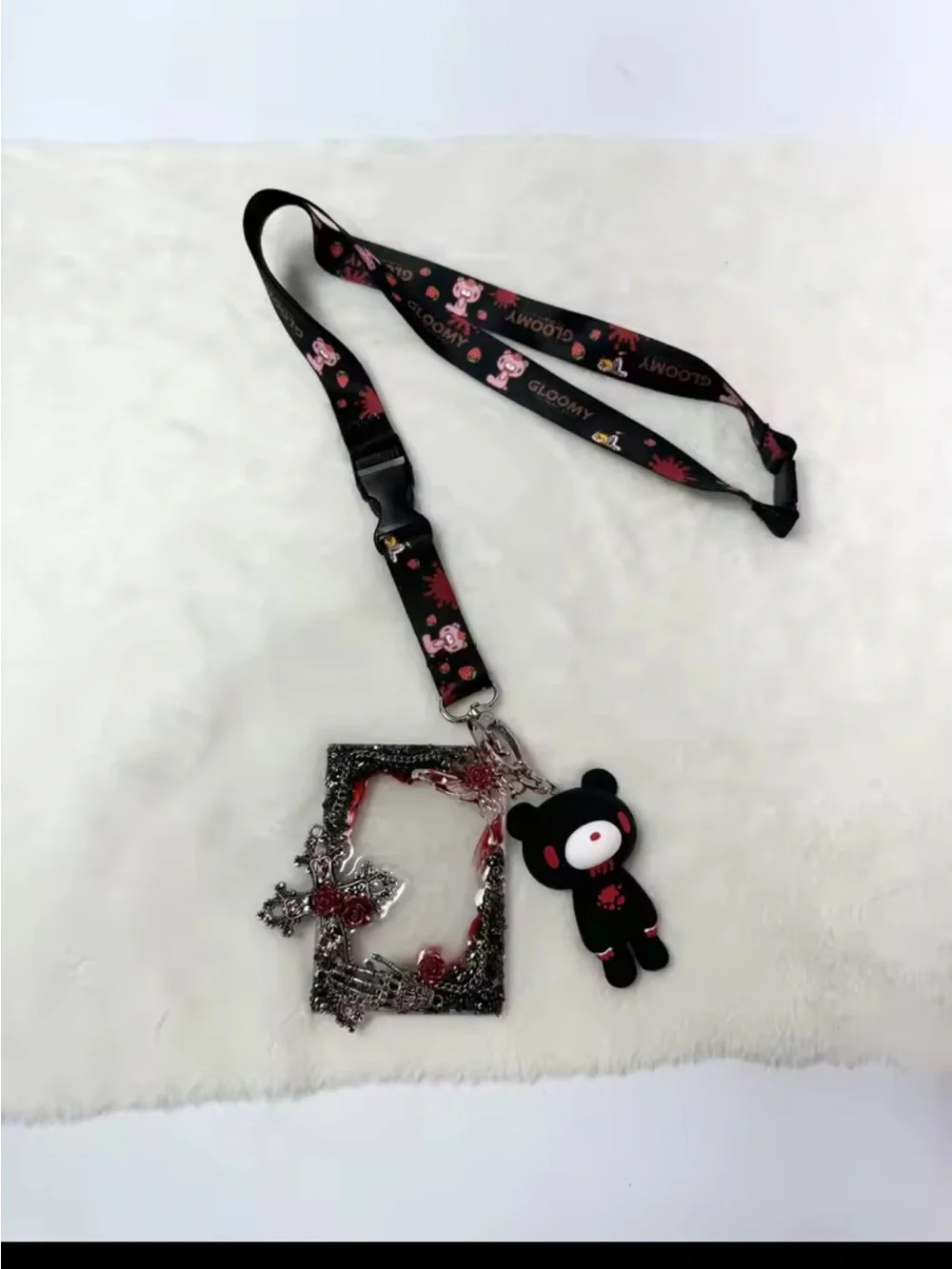Black & Red Bear Lanyard with Decorative Charm